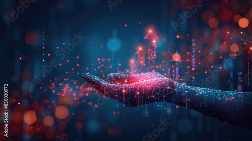 Futuristic hand with digital lights, representing technology and data interaction in a dark, blurry background. Perfect for tech or AI content.