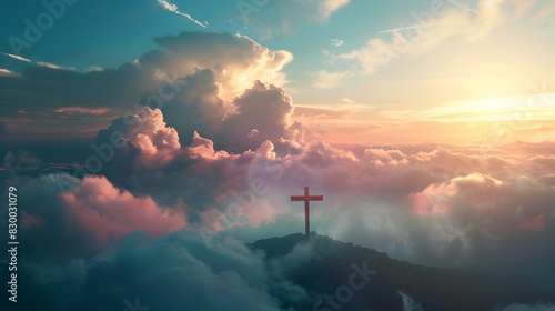 Cross on the hill, the path leading to God, Happy easter. Christian symbol of faith