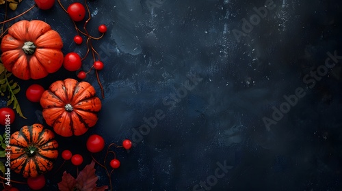 Autumn leaves and pumpkins on dark background. Flat lay, top view. Autumn decoration concept background. Halloween concept.