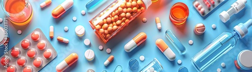 Top view of various colorful pharmaceutical pills, capsules, and vials on a blue background. Medical and healthcare concept.