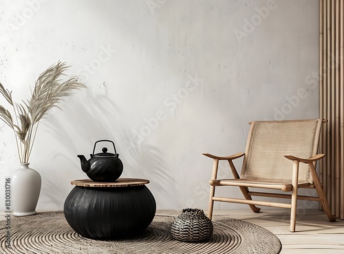 Minimalist interior design of a modern living room with round rattan wicker wall art, a black side table and elegant personal accessories in a tropical style
