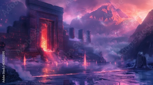 A photo of a mystic temple with ancient runes, a misty valley with glowing crystals and floating spirits in the background