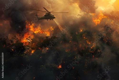 Helikopter w akcji gaśniczej nad pożarem lasu