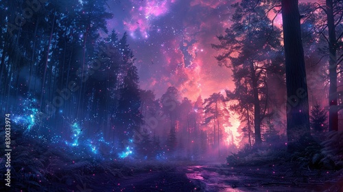 A photo of a mystical forest with bioluminescent trees, a twilight sky with auroras and ethereal mists in the background