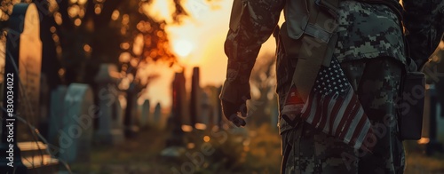 A close up of an American soldier holding the flag in his hand, standing at sunrise near tombstones and graves in a military cemetery with a World War I theme. The American flag with a vintage style a