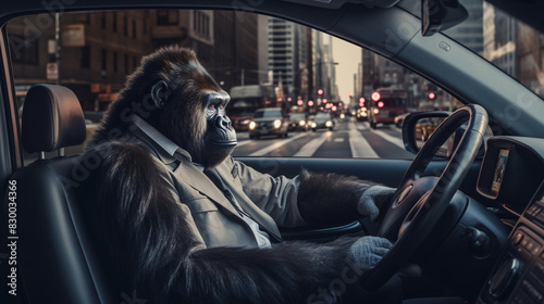 Anthropomorphic Gorilla is Driving a Car in the City Traffic at Evening