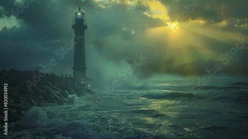 Dramatic lighthouse scene at sunset with crashing waves and a glowing sun partially covered by dark clouds.