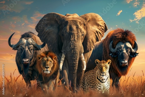 Majestic Wildlife Group: Elephant, Lion, Leopard, and Buffalos in Sunset Landscape