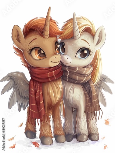 A pair of very adorable unicon standing side by side, their wings tucked in, wearing winter scarf, displaying a heartwarming bond of cuteness, on white background