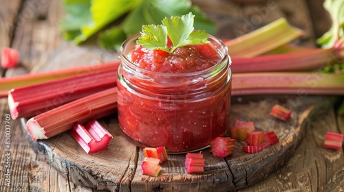 Traditional German rhubarb served with homemade rhubarb jam presented in a glass jar on a wooden surface