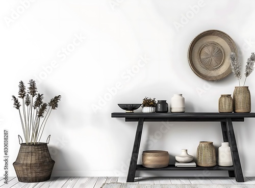 Minimalist interior of living room with black console table, rattan round wall shelf and personal accessories in elegant home decor