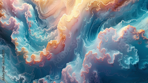 Dive into a surreal sea of swirling marbles, where translucent layers of aquamarine and coral create a mesmerizing dance that defies earthly boundaries.