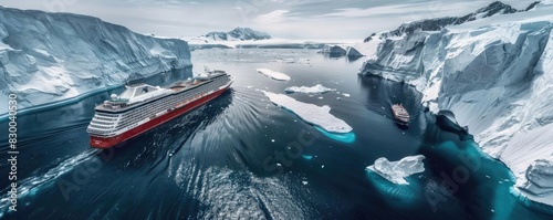 Cruise ship navigating through icy waters surrounded by snow-covered cliffs and icebergs under a cloudy sky in Antarctica.