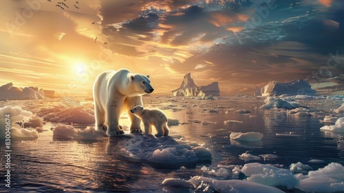 Polar bear with cub on floating ice at sunset, surrounded by beautiful Arctic scenery, showcasing the wonders of nature and wildlife.