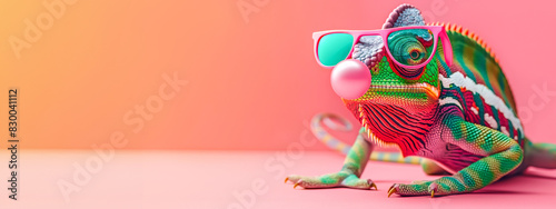 Colorful Chameleon with Sunglasses Blowing Bubble Gum - Fun and Whimsical Animal Portrait for Print, Card, Poster
