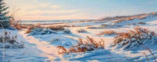 Beautiful winter landscape with soft sunlight casting shadows on snow-covered fields, capturing the serene beauty of nature in the colder months.