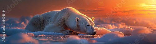 Polar bear on melting ice at sunset, creating a picturesque yet poignant scene of wildlife and climate change impact in the Arctic region.