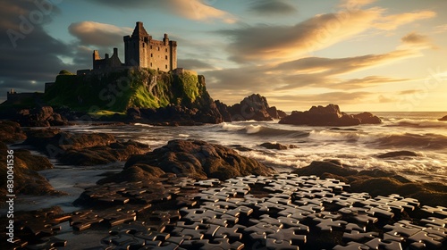  A castle on rocky beach shore,