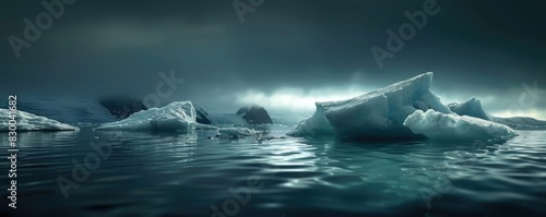 Serene arctic seascape featuring floating icebergs, dark waters, and a moody sky, capturing the isolation and beauty of the polar region.