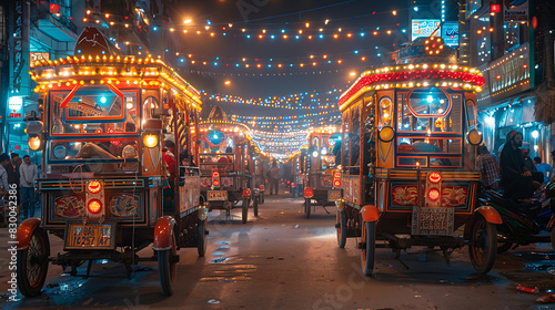 captivating image of bustling street of Karachi vibrant market colorful rickshaw diverse array of people reflecting city's dynamic culture cosmopolitan atmosphere Pakistan's largest city economic hub 