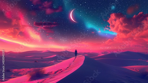 A photo of a surreal desert with pink sand dunes, a twilight sky with a brilliant aurora and a crescent moon in the background