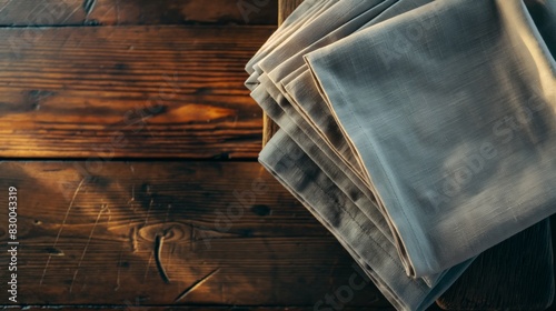 Neatly folded linen napkins on rustic wooden table in afternoon light.