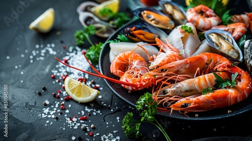 Exquisite seafood platter, fresh and vibrant, gourmet presentation, high-end restaurant, delicious and colorful, culinary excellence, bright and inviting, copy space.
