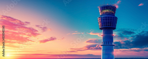 Airport control tower overlooking cargo operations, isolated on a gradient background 