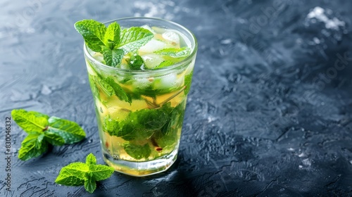 Mint mojito cocktail, refreshing and vibrant, cool drink, natural ingredients, bright and inviting, delicious and thirst-quenching, summer refreshment, copy space.