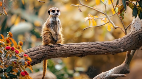 A Meerkat Perched on a Tree Branch Gazing Back at the Camera