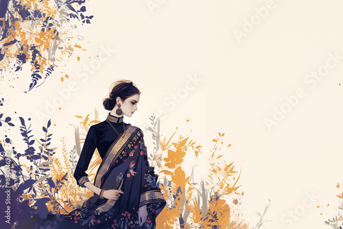 jeune femme indienne cheveux noirs retenus par un chignon en sari traditionnel et col roulé noir et doré, sur un fond jaune et violet à motif floral avec espace négatif copyspace
