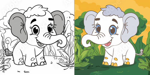 Baby elephant coloring page. Cute animal coloring book page for kid, with reference. 