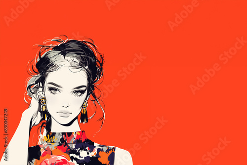 jeune femme espagnole brune couleur de peau désaturée, robe à fleurs montrant l'épaule, avec un chignon flou sur un fond rouge orange avec espace négatif copyspace
