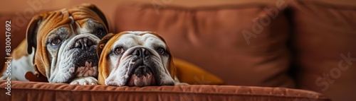 A Bulldog in casual attire, lounging on a couch with a solid brown background and copy space