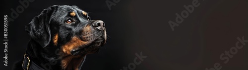 A Rottweiler in a security uniform, standing guard with a solid black background and copy space