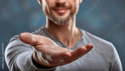 A close-up of a man extending an open hand towards the camera, offering assistance or asking help, support.