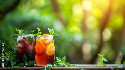 Iced herbal tea infusions in lush garden setting, background with empty space for text 