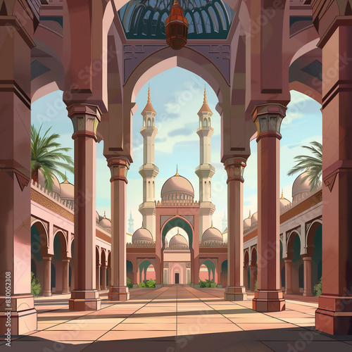 Vue sur l'intérieur d'une mosquée et les tours minarets, pour l'adhan, appel à la prière, fait par le muezzin depuis les arcades extérieures des jardins Ramadan Musulman, 