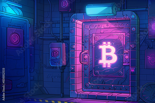 Protection des données numériques sûre. Concept de crypto-monnaie. Symbole Bitcoin illuminé en rose sur un fond de coffre-fort futuriste. Dépôt sûr à partir d’actifs en crypto-monnaie