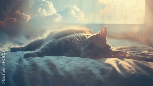 Cat napping on bed, soft linens, peaceful setting close up, focus on, copy space Double exposure silhouette with dreamy clouds
