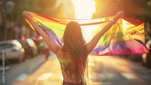 A woman waving the rainbow flag of pride in front of her, with an open arms pose and sunlight in the background. The scene is captured from behind to highlight her long hair flowing gently as she