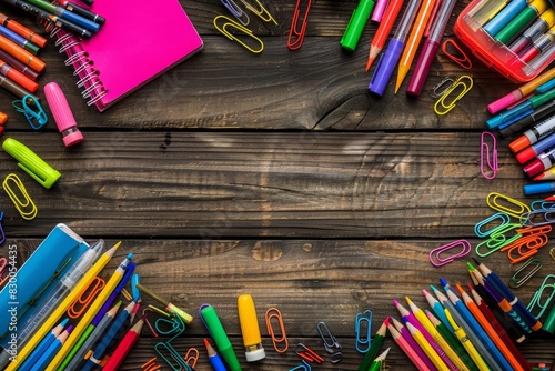 A top view of a colorful arrangement of school supplies on a wooden background In the center