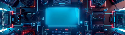 A top view of a digital workspace with futuristic elements such as neon blue circuitry patterns