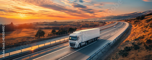 Refrigerated truck on highway, transporting perishables, background with empty space for text 