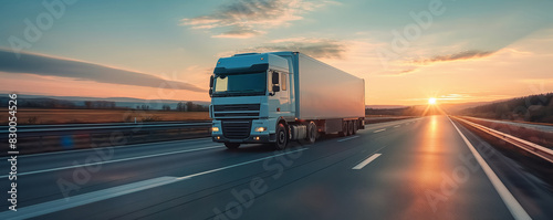 Refrigerated truck on highway, transporting perishables, background with empty space for text 