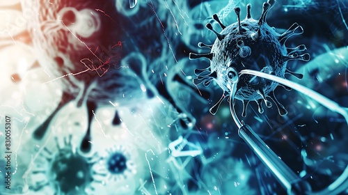 Medical tools intertwined with virus illustration. Double exposure image depicts the convergence of medical practice and infectious disease control.