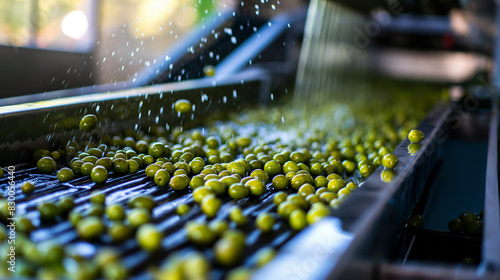 Unripe olives undergoing washing and milling process for high-quality oil production 