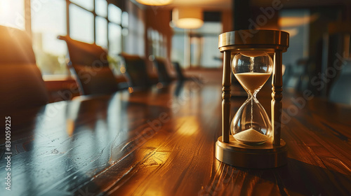 A vintage hourglass on a conference table, its sand slowly trickling down, signifying time constraints