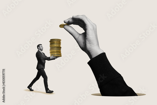 Financier with a stack of coins in his hands. Art collage.