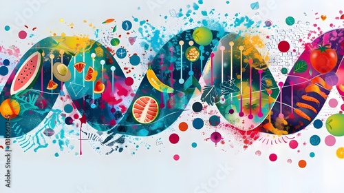 Nutrigenomics Personalized Nutrition Insights through DNA Strands and Vibrant Food Icons